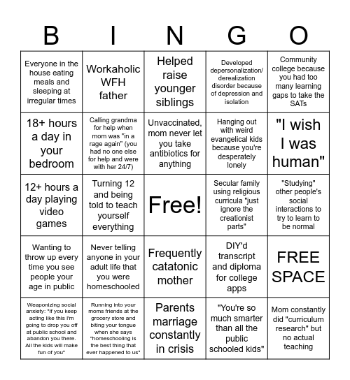 Formerly homeschooled kid bingo Card