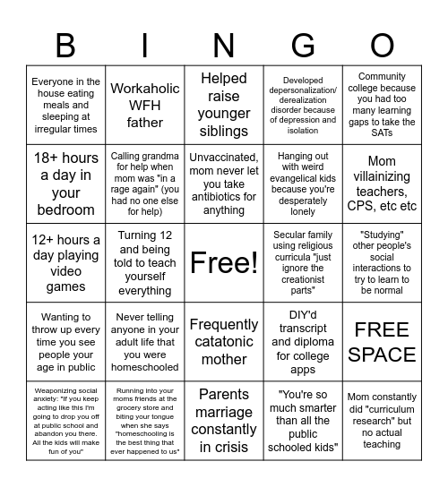 Formerly homeschooled bingo Card