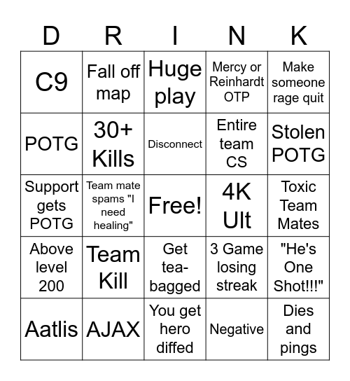 OVERDRUNK Bingo Card
