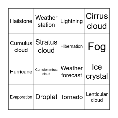 Weather Bingo Card