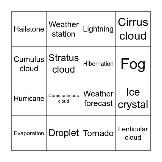 Weather Bingo Card