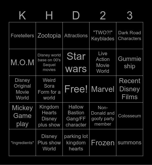 Kingdom Hearts D23 Bingo Card