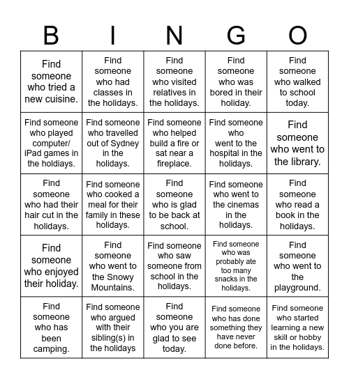 In the Holidays Fun Bingo Card