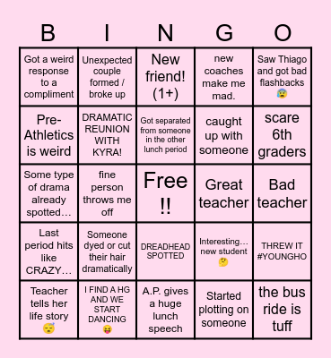 First Day of 7th Grade — Bingo Card