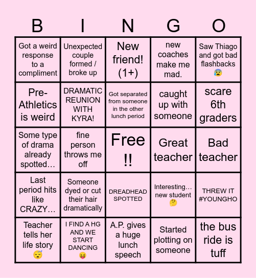 First Day of 7th Grade — Bingo Card