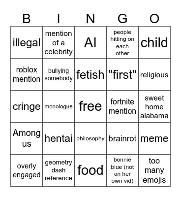 PHUB comment bingoc Bingo Card