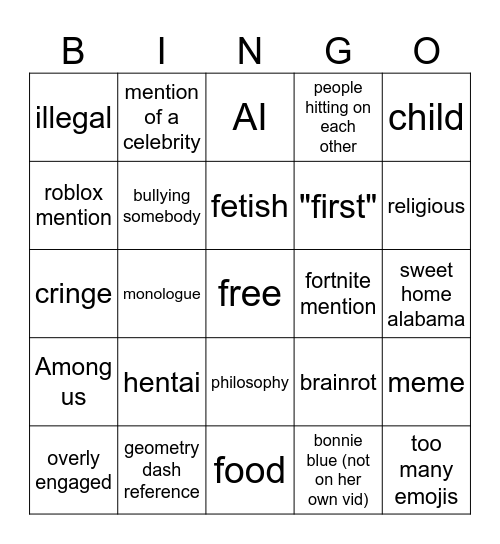 PHUB comment bingoc Bingo Card