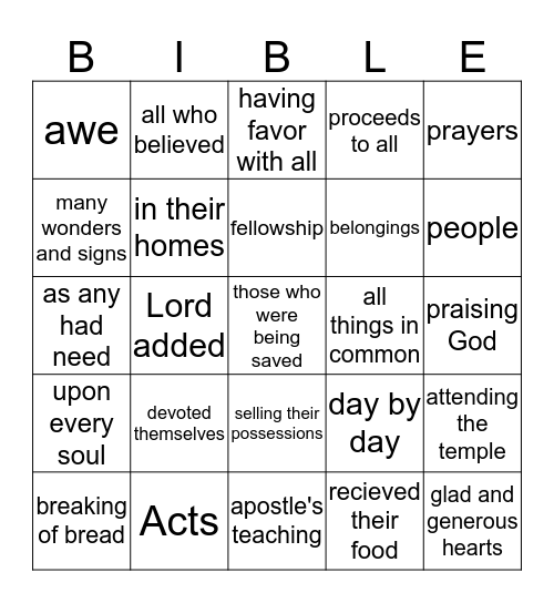 February 19 - Acts 2: 42-47 Bingo Card