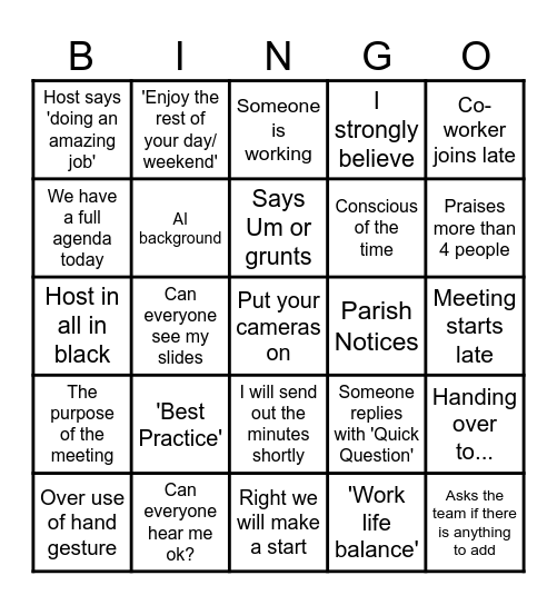 Online Meetings Bingo Card