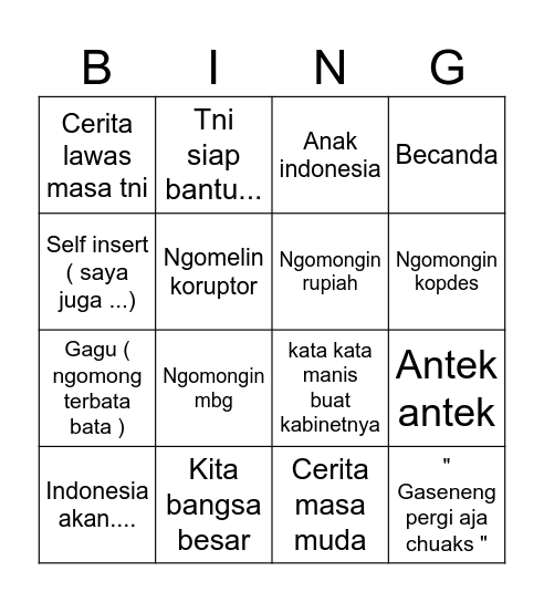 Pidato si owo Bingo Card