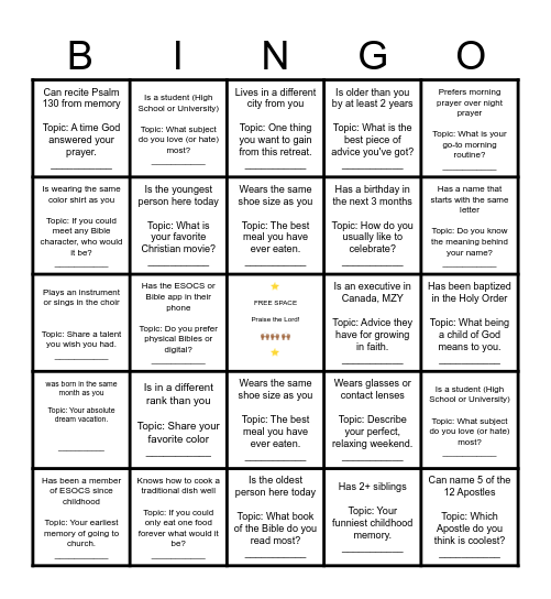 DIVINE Connections Bingo Card