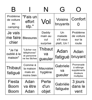 Désastre Vacance Bingo Card