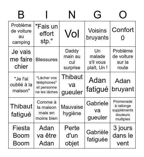 Désastre Vacance Bingo Card
