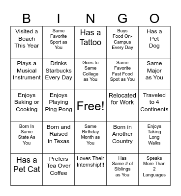 Intern BRG Networking Bingo Card