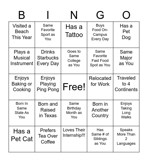 Intern BRG Networking Bingo Card