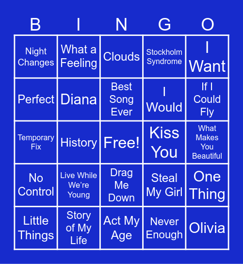 One Direction Bingo Card