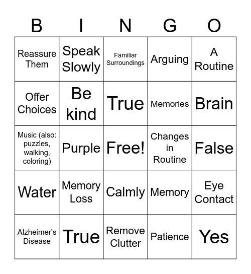 Dementia Bingo Card