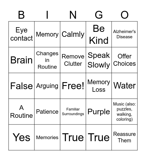 Dementia Bingo Card
