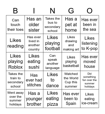 Year 7 Transitions Workshops Bingo Card