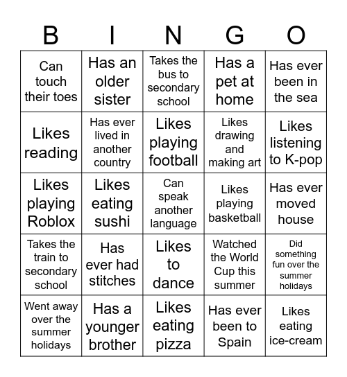 Year 7 Transitions Workshops Bingo Card