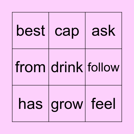 Pink Speedy Green Words Bingo Card