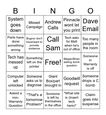 Welcome to Warranty Bingo Card