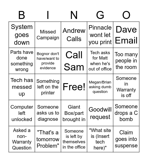 Welcome to Warranty Bingo Card