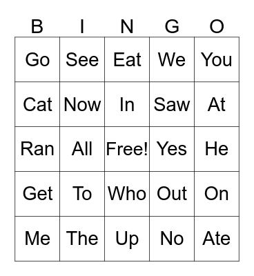 Sight Words Bingo Card