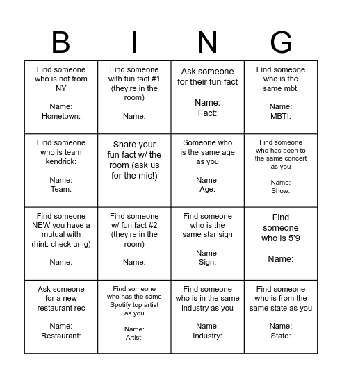 BYOF Bingo Card