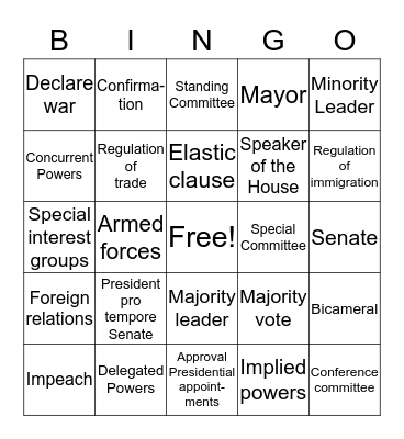 Legislative Branch BINGO Card