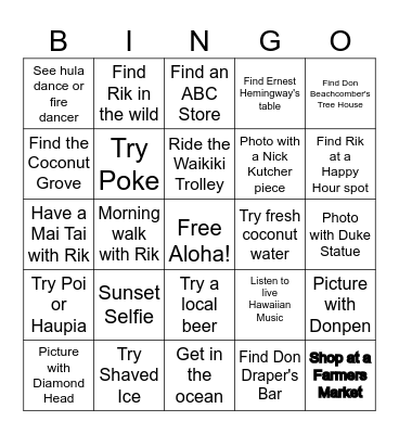 Rik's Hawaii Five O Bingo Card