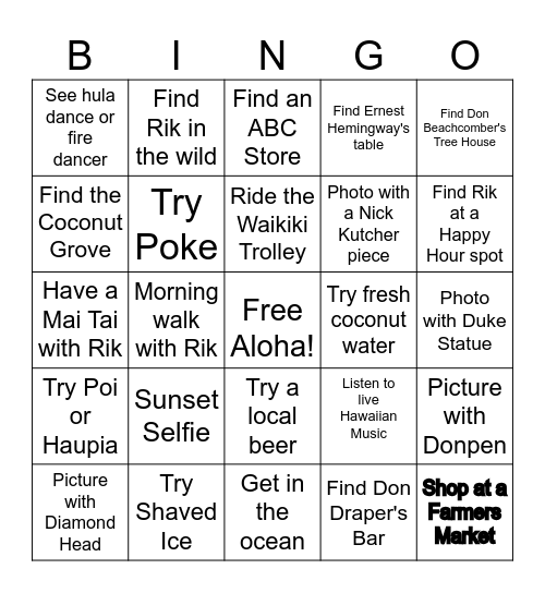 Rik's Hawaii Five O Bingo Card