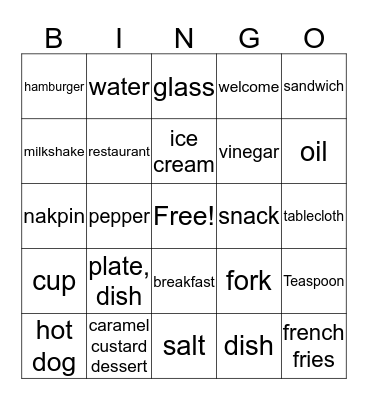 food items Bingo Card