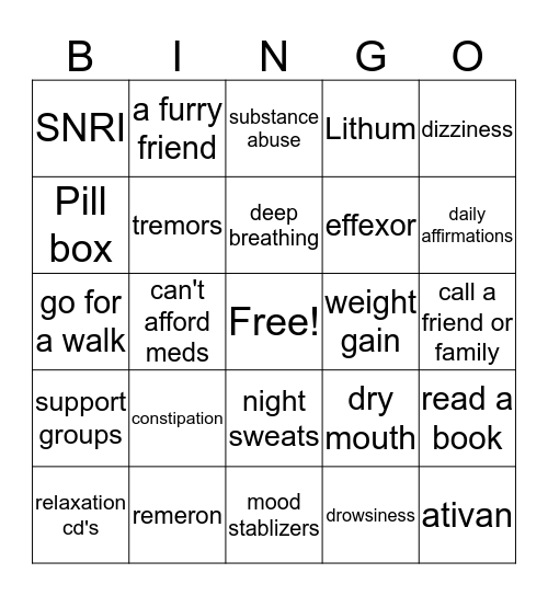 Mental Health  Bingo Card
