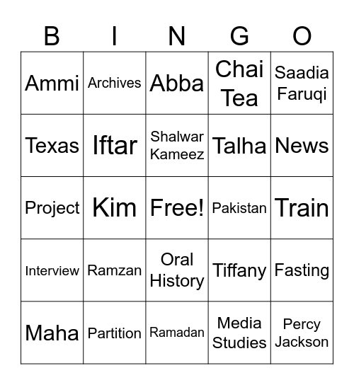 The Partition Project Bingo Card