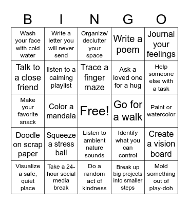 Coping Skills Bingo Card