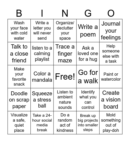 Coping Skills Bingo Card