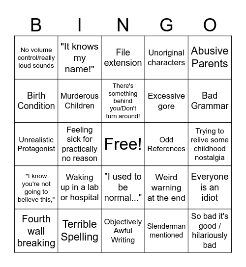 Bad Creepypasta Bingo Card