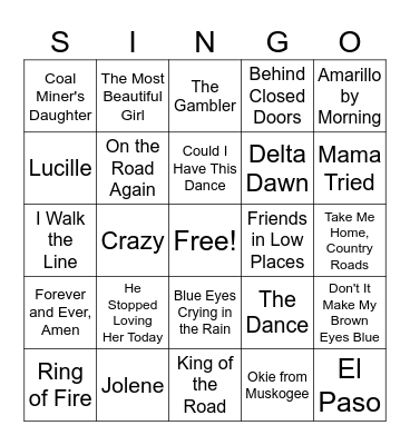 Country Western Music Bingo Card