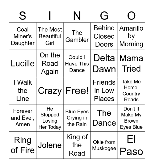 Country Western Music Bingo Card