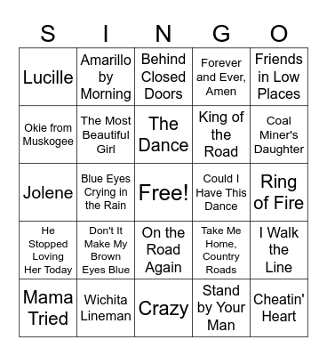 Country Western Music Bingo Card