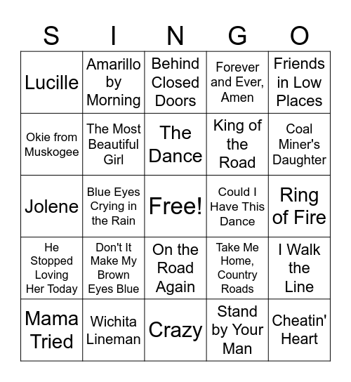 Country Western Music Bingo Card