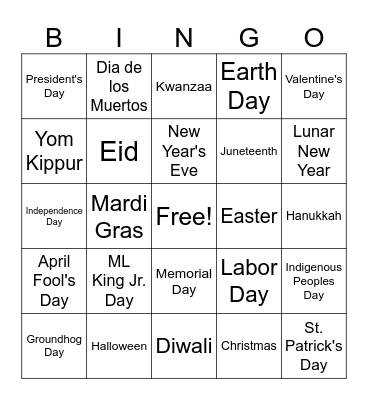 Holidays! Bingo Card