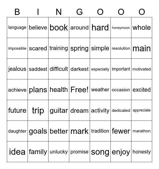 New Year's Resolutions Bingo Card