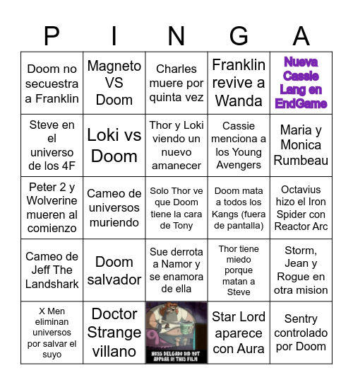 Avengers Doomsday Bingo Card
