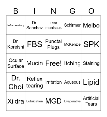 Dry Eye Bingo Card