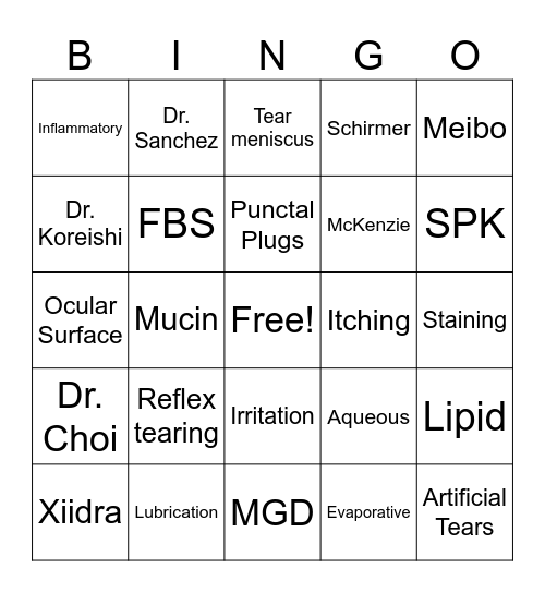 Dry Eye Bingo Card