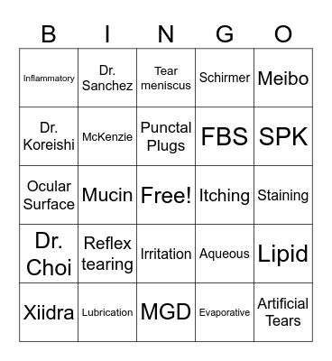 Dry Eye Bingo Card