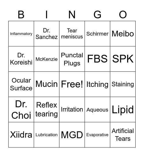 Dry Eye Bingo Card