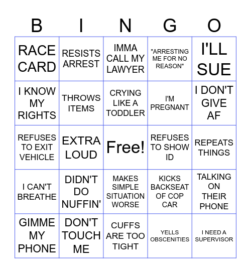 Ratchet Arrest Bingo Card